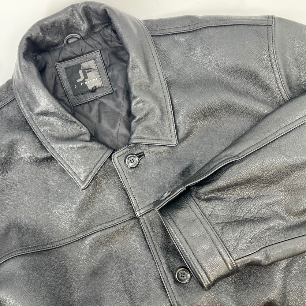J. Ferrar Mens Black Nappa Leather Car Coat Jacket Quilted Lining Y2K
